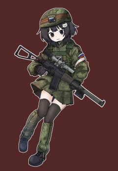 Rule 34 | 1girl, adapted costume, as val, assault rifle, bandaged arm, bandages, black eyes, black hair, black thighhighs, bulletproof vest, camouflage, camouflage skirt, cat hair ornament, chinstrap, combat helmet, gloves, gun, hair ornament, helmet, highres, holding, holding gun, holding weapon, jephy 0, kalashnikov rifle, korean commentary, leg warmers, load bearing vest, military combat uniform, military uniform, original, outline, red background, ribbon of saint george, rifle, russian flag, russian ground forces, scope, simple background, skirt, solo, thighhighs, weapon, white outline, z (russian symbol)