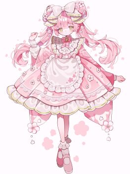 1girl apron blunt_bangs blush bow bowtie closed_mouth commentary double_bun dress frilled_apron frilled_dress frilled_socks frills full_body green_eyes hair_bow hair_bun hand_up highres long_hair long_sleeves looking_at_viewer original pink_bow pink_bowtie pink_dress pink_hair pink_shoes shoes simple_background socks solo standing symbol-only_commentary twintails upa_papa_co white_apron white_background white_bow white_socks wide_sleeves