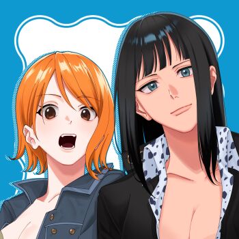 2girls black_dress black_hair blue_background blue_eyes blunt_bangs brown_eyes collared_shirt commentary dress hair_behind_ear highres jacket medium_hair multiple_girls nami_(one_piece) nico_robin ntuki_oo3 one_piece open_mouth orange_hair shirt short_hair swept_bangs symbol-only_commentary upper_body