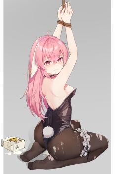 1girl absurdres ahoge animal_ear_piercing animal_ears arms_up ass atsuishio back backless_leotard banana_milk black_choker black_leotard black_pantyhose border bound bound_wrists breasts choker closed_mouth feet frilled_thigh_strap from_behind frown grey_background highres indie_virtual_youtuber leotard long_hair looking_at_viewer looking_back lop_rabbit_ears medium_breasts milk_carton no_shoes pantyhose pillarboxed pink_blush pink_eyes pink_hair playboy_bunny rabbit_ears rabbit_girl rabbit_tail rope sad seiza shirako_(vtuber) simulated_bukkake simulated_facial sitting stained_clothes strapless strapless_leotard suggestive_fluid tail thigh_strap thighhighs torn_clothes torn_pantyhose virtual_youtuber wavy_mouth white_border