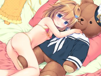 1girl ass bikini blue_eyes blue_shirt blush chishima_mako closed_mouth feet_out_of_frame game_cg hair_between_eyes hair_ornament hat heart heart_hair_ornament large_variant_set loli long_sleeves looking_at_viewer lying medium_hair micro_bikini navel neckerchief non-web_source on_side one-piece_swimsuit orange_hair orange_one-piece_swimsuit partially_visible_vulva pillow piyodera_mucha polka_dot_one-piece_swimsuit red_bikini sailor_collar sailor_shirt shirt smile solo soushisouai_lolita stuffed_animal stuffed_toy swimsuit teddy_bear unworn_swimsuit variant_set white_hat white_neckerchief white_sailor_collar