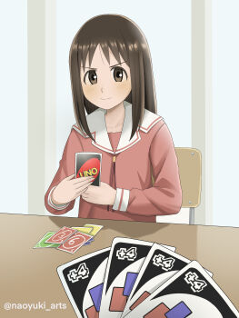 1girl absurdres artist_name azumanga_daiou blush brown_eyes brown_hair card chair closed_mouth commentary highres holding holding_card imminent_uno_loss_(meme) indoors kasuga_ayumu light_blush light_smile long_sleeves looking_at_viewer medium_hair meme naoyuki_arts neck_ribbon on_chair pink_ribbon pink_shirt playing_card pov ribbon sailor_collar school_chair school_uniform serafuku serious shirt sitting smile solo table twitter_username uno_(game) v-shaped_eyebrows white_sailor_collar window