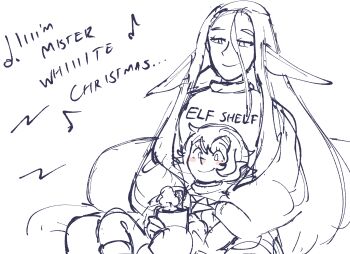 2girls commentary couch cup elf english_commentary english_text hair_between_eyes highres holding holding_cup juno_son long_hair long_sleeves mug multiple_girls on_couch original pointy_ears short_hair sitting sitting_on_lap sitting_on_person sketch smile the_elf_on_the_shelf very_long_hair yuri