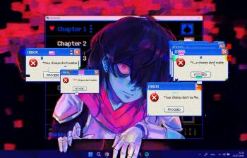 1other armor armored_gloves black_hair blue_skin closed_mouth colored_skin deltarune earrings freckles gloves highres jewelry kris_(dark_world)_(deltarune) kris_(deltarune) nebbeli other_focus red_eyes sanpaku shoulder_armor through_medium through_screen utdr_(toby_fox)