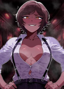 1girl absurdres blush breasts brown_eyes brown_hair collared_shirt covered_abs dark-skinned_female dark_skin hand_on_own_hip highres hyojin_en large_breasts limbus_company long_sleeves looking_at_viewer midriff molar_office_(identity)_(project_moon) outis_(project_moon) pants project_moon shirt short_hair smile solo white_shirt yellow_eyes