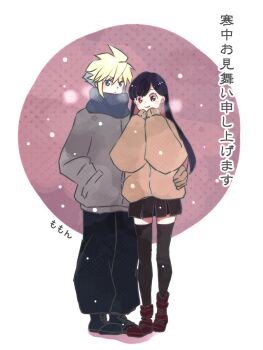 1boy 1girl artist_name baggy_pants black_hair black_pants black_skirt black_thighhighs blonde_hair blue_eyes blue_scarf blush boots breath brown_coat brown_eyes closed_mouth cloud_strife coat commentary_request final_fantasy final_fantasy_vii final_fantasy_vii_remake full_body hand_on_another's_hip highres long_hair long_sleeves looking_at_viewer miniskirt momontaon pants pleated_skirt red_boots scarf short_hair skirt sleeves_past_fingers sleeves_past_wrists smile snowing spiked_hair standing thighhighs tifa_lockhart translation_request winter_clothes winter_coat zettai_ryouiki