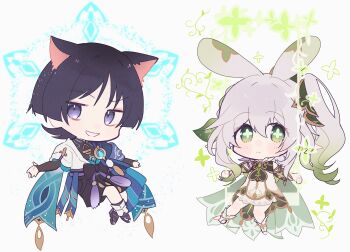 1boy 1girl animal_ears anklet aomattya arm_at_side armlet belt black_belt black_bodysuit black_bow black_bridal_gauntlets black_hair black_sandals black_shorts bloomers blue_gemstone blue_halo blue_kimono blue_sleeves blunt_ends bodysuit bow bracelet bridal_gauntlets bridal_legwear cape cat_boy cat_ears chibi clenched_hands closed_mouth colored_tips cross-shaped_pupils detached_sleeves dress eyeliner eyeshadow feathers floating furisode gem genshin_impact glowing_gem glowing_markings gold gold_trim green_cape green_eyes green_hair green_pupils green_sleeves hair_ornament half_crown_braid halo halo_behind_head hand_up highres japanese_clothes jewelry juban kimono layered_sleeves leaf leaf_hair_ornament leg_warmers levitation light_blush long_hair looking_at_viewer makeup mandarin_collar multicolored_hair nahida_(genshin_impact) on_swing open_clothes open_hands open_kimono pointy_ears pom_pom_(clothes) purple_eyes purple_sash rabbit_ears rabbit_girl raised_eyebrow red_eyeliner red_eyeshadow sandals sash scaramouche_(genshin_impact) short_sleeves shorts side_ponytail sidelocks sitting smile smirk socks split_mouth stirrup_legwear swing symbol-shaped_pupils tassel toeless_legwear toeless_socks underwear vision_(genshin_impact) wanderer_(genshin_impact) white_background white_bloomers white_dress white_hair white_kimono white_leg_warmers white_mouth white_sleeves white_socks white_trim wispy_bangs yellow_feathers zouri