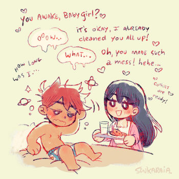 Rule 34 | 1boy, 1girl, alt text, black eyes, black hair, blue male underwear, boxers, coat, commentary, cookie, cup, english commentary, english text, food, hero (faraway) (omori), hero (omori), highres, holding, holding tray, male underwear, mari (faraway) (omori), mari (omori), milk, morning after, omori, open mouth, orange hair, pink coat, plate, signature, sintastein, smile, sweatdrop, topless male, tray, underwear, waking up, wavy mouth