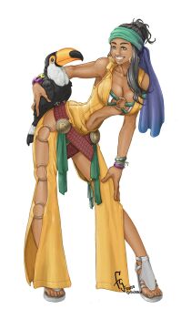 1girl bikini black_eyes black_hair breasts cleavage_cutout clothing_cutout curvy dark-skinned_female dark_skin female_focus franjogutierrez hairband huge_breasts jewelry large_breasts long_hair panties ring shoes smiley_face swimsuit tan the_king_of_fighters thick_thighs thighs underwear wide_hips zarina