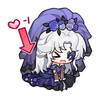 &gt;_&lt; 1girl arm_cutout arrow_(symbol) artist_request bare_shoulders blue_dress blue_flower blue_rose blue_veil blush_stickers bride brown_arm_warmers chibi clothing_cutout diamond_cutout dress dress_flower flower frown gameplay_mechanics grey_flower grey_rose hands_on_lap hat hat_flower health_bar heart infinity_nikki kneeling leaf long_dress long_hair messy_hair nameless_selfless_(infinity_nikki) nikki_(series) off-shoulder_dress off_shoulder official_art one_eye_covered open_mouth pleated_dress purple_flower purple_rose purple_sleeves raised_inner_eyebrows rose sad short_sleeves solo striped_sleeves transparent_background veil very_long_hair wedding_dress white_hair