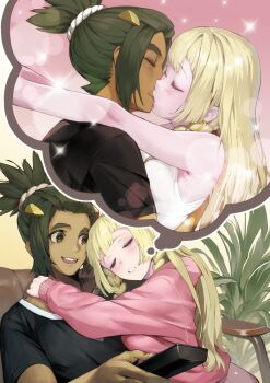 1boy 1girl absurdres aged_up alternate_costume arms_around_neck black_shirt blonde_hair braid camisole commission commissioner_upload controller couple dark-skinned_male dark_skin dreaming earrings hair_ornament hau_(pokemon) hetero highres hood hoodie hoop_earrings imagining jewelry kiss kousaku lillie_(pokemon) nintendo pink_hoodie plant pokemon pokemon_sm ponytail remote_control shirt skeb_commission sleeping sleeping_on_person smile sparkle speech_bubble thought_bubble