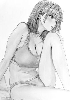 1girl absurdres arm_at_side armpit_crease blush breast_press breasts cleavage commentary_request expressionless feet_out_of_frame graphite_(medium) greyscale hand_on_own_knee highres knee_up large_breasts lensia medium_hair monochrome navel original panties parted_lips sitting solo sports_bra stomach traditional_media underwear underwear_only