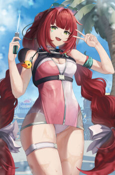 1girl azureol beach blue_sky braid braided_twintails breasts cleavage commentary_request day dress_swimsuit eyewear_on_head facial_mark green_eyes hair_ornament heart heart-shaped_eyewear heart_facial_mark highres holding holding_water_gun long_hair looking_at_viewer official_alternate_costume one-piece_swimsuit outdoors palm_tree pink_one-piece_swimsuit red_hair sand sky smile solo sphere_hair_ornament swimsuit thigh_strap thighs tree twintails two-tone_one-piece_swimsuit ukinami_yuzuha ukinami_yuzuha_(tanuki_in_broad_daylight) v very_long_hair water_gun wet white_one-piece_swimsuit zenless_zone_zero