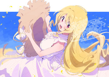 Rule 34 | 1girl, :d, alternate costume, arched back, back bow, bare arms, blonde hair, blue background, border, bow, breasts, center frills, collared dress, commentary request, dot nose, dress, falling petals, fingernails, floating hair, frills, hair down, hands up, happy, hat, hat ribbon, head tilt, holding, holding unworn clothes, holding unworn hat, large breasts, light blush, long hair, looking at viewer, looking back, magia record: mahou shoujo madoka magica gaiden, mahou shoujo madoka magica, open mouth, parted bangs, petals, pink dress, polka dot, polka dot dress, red eyes, revision, ribbon, serizawa serizane, sidelocks, simple background, sleeveless, sleeveless dress, smile, solo, straw hat, sundress, tareme, togame momoko, two-tone dress, unworn hat, unworn headwear, upper body, very long hair, wavy hair, white border, white dress, white ribbon, yellow petals