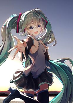 Rule 34 | 1girl, absurdres, aqua eyes, aqua hair, aqua necktie, bare shoulders, black sleeves, black thighhighs, blue eyes, blue hair, blush, breasts, commentary request, detached sleeves, from side, grey shirt, hair between eyes, hair ornament, hatsune miku, headset, highres, long hair, looking at viewer, necktie, open mouth, outdoors, reaching, reaching towards viewer, shirt, skirt, sky, sleeveless, sleeveless shirt, small breasts, smile, solo, thighhighs, twintails, very long hair, vocaloid, yu-muge