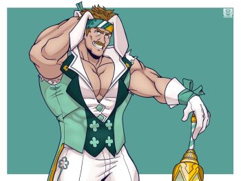 1boy animal_ears arm_behind_head bara bartre_(fire_emblem) bartre_(spring)_(fire_emblem) brown_eyes brown_hair commentary english_commentary facial_hair fake_animal_ears fire_emblem fire_emblem:_the_binding_blade fire_emblem_heroes gloves grin hand_on_weapon highres large_pectorals looking_at_viewer male_focus muscular muscular_male mustache nintendo official_alternate_costume outside_border pectoral_cleavage pectorals punksterne rabbit_ears short_hair simple_background smile solo torn_clothes torn_sleeves variant_set weapon white_gloves