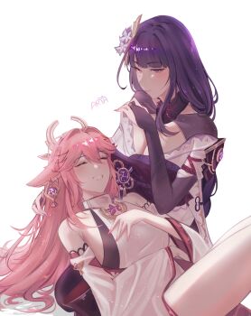 2girls a_r_i_a absurdres animal_ears armor bare_shoulders blunt_bangs breasts bridal_gauntlets cleavage closed_eyes commentary_request couple cowboy_shot detached_sleeves double-parted_bangs dress eyelashes facing_another flower fox_ears fox_girl full_body genshin_impact grin hair_between_eyes hair_flower hair_ornament hand_up headpiece highres japanese_clothes kimono lap_pillow large_breasts light_blush light_smile long_hair long_sleeves looking_at_another lying multiple_girls nontraditional_miko pauldrons pink_hair purple_bridal_gauntlets purple_eyes purple_hair purple_kimono raiden_shogun shirt shoulder_armor sideboob simple_background single_pauldron sleeveless sleeveless_shirt smile turtleneck turtleneck_dress two-tone_kimono vision_(genshin_impact) white_background white_kimono white_shirt wide_sleeves yae_miko yuri