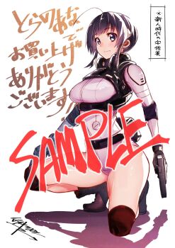 1girl ahoge black_gloves black_hair black_torch dual_wielding gloves highres holding holding_weapon leotard looking_at_viewer official_art sample_watermark shadow short_hair solo text_background thick_thighs thighs tsuyoshi_takaki watermark weapon white_background