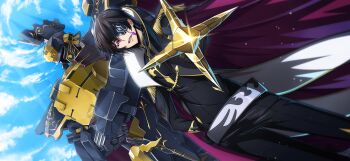 1boy artist_request belt black_coat black_gloves black_hair black_pants black_shirt blue_sky cape cloud coat code_geass code_geass:_lost_stories day dutch_angle epaulettes eyepatch foreshortening game_cg gem gloucester_(code_geass) gloucester_swordman gloves gold gold_trim hair_between_eyes half-closed_eyes hand_on_own_hip happy high_collar highres holding holding_scepter julius_kingsley light_particles light_rays looking_at_viewer male_focus mecha military_uniform non-web_source official_art one_eye_covered open_clothes open_coat open_mouth outdoors outstretched_arm pants pointing pointing_at_viewer purple_cape purple_eyes purple_gemstone robot scepter shirt short_hair sidelocks sky smile solo teeth two-sided_cape two-sided_fabric