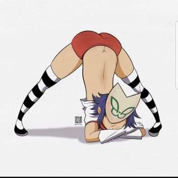 1girl ass bad_tag blue_hair clothes_pull dress_pull female gorillaz harrisartz helmet jack-o&#039;_challenge mask noodle_(gorillaz) panties qr_code red_panties solo striped_legwear thighhighs top-down_bottom-up underwear white_background