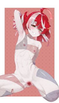 1girl absurdres colored_skin commentary completely_nude green_eyes grey_skin heterochromia highres hololive kureiji_ollie multicolored_hair navel nipples nude paid_reward_available patchwork_skin red_hair solo stitched_face stitches symbol-shaped_pupils tasty_(dudwofla) virtual_youtuber watermark watermark_grid x-shaped_pupils zombie