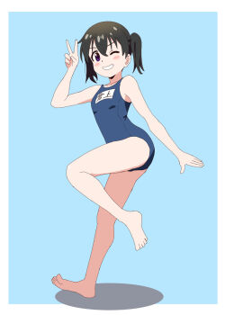 1girl atm_hnt bare_legs bare_shoulders barefoot black_hair blue_one-piece_swimsuit blush breasts collarbone dot_nose feet female_focus full_body hair_between_eyes kuraue_hinata legs looking_at_viewer name_tag no_shoes no_socks one-piece_swimsuit one_eye_closed purple_eyes school_swimsuit short_hair simple_background small_breasts solo standing standing_on_one_leg swimsuit teeth thighs toes v yama_no_susume