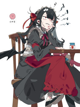 1girl apron bandaged_leg bandages black_dress black_hair black_shoes black_wings chair commentary dress earrings hair_ribbon jewelry karei long_hair long_sleeves maid_headdress nail_polish on_chair original red_apron red_eyes red_nails red_ribbon ribbon sharp_teeth shoes simple_background sitting solo sweat symbol-only_commentary table teeth white_background wings