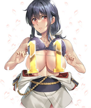 1girl anniversary black_hair blush bra bra_lift breasts closed_mouth clothes_down clothes_lift commentary_request convenient_censoring embarrassed falling_petals hair_ribbon highres holding holding_string japanese_clothes kantai_collection kimono kokuzou large_breasts long_hair looking_at_viewer low_ponytail petals ponytail purple_bra red_eyes ribbon solo string underwear white_background white_kimono white_ribbon yamashiro_(kancolle)