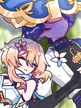 1boy 1girl arm_cutout armor artist_name bare_shoulders belt black_belt black_bodysuit black_bridal_gauntlets blonde_hair blue_hat blue_sleeves blue_trim blunt_ends bodysuit breasts bridal_gauntlets cleavage closed_eyes closed_mouth clothing_cutout colored_inner_hair detached_sleeves dress eyelashes facing_another flower genshin_impact gold hair_between_eyes hair_flower hair_ornament halterneck hand_on_own_stomach hashtag-only_commentary hat highres japanese_armor japanese_clothes jingasa kimono kote kurokote layered_sleeves lumine_(genshin_impact) lying mandarin_collar multicolored_hair on_back on_grass open_clothes open_kimono purple_hair purple_rope purple_sash remhotaru rope sash scaramouche_(genshin_impact) scarf shaded_face short_hair short_hair_with_long_locks short_sleeves shoulder_peek side-by-side sidelocks sleeping wanderer_(genshin_impact) white_dress white_flower white_kimono white_scarf white_sleeves
