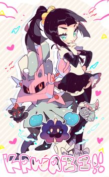 1girl aqua_eyes backpack bag black_skirt black_thighhighs blunt_bangs closed_mouth cosmog eyelashes eyes_visible_through_hair gen_4_pokemon gen_5_pokemon gen_7_pokemon glameow hand_on_own_hip hand_up heat high_ponytail index_finger_raised legendary_pokemon lollie long_sleeves miniskirt nintendo original pleated_skirt pokemon pokemon_(creature) ponytail shirt shoes silhouette skirt smile standing striped_background takashino_(noni-nani) thighhighs tongue tongue_out triangle type:_null v-shaped_eyebrows white_footwear white_shirt zettai_ryouiki zorua