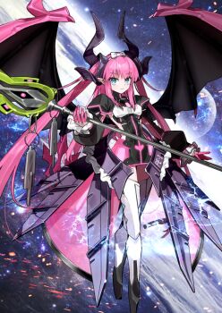 1girl asymmetrical_horns black_dress blue_eyes boots bow bow_hairband breasts clothing_cutout crossed_legs dragon_girl dragon_horns dragon_wings dress elizabeth_bathory_(fate) elizabeth_bathory_(perfect)_(fate) elizabeth_bathory_(perfect)_(third_ascension)_(fate) expressionless fate/grand_order fate_(series) full_body game_cg hairband high-low_skirt high_collar holding holding_polearm holding_weapon horns long_hair long_sidelocks long_sleeves looking_at_viewer midair official_art overskirt pink_hair pink_nails pointy_ears polearm purple_horns short_dress side_cutout sidelocks small_breasts solo space star_(sky) starry_sky_background thigh_boots third-party_source two_side_up uneven_horns very_long_hair wada_arco weapon white_bow wings