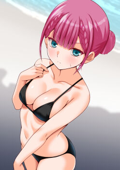 1girl aqua_eyes beach bikini black_bikini blue_eyes blush bokutachi_wa_benkyou_ga_dekinai braid breasts cleavage collarbone commentary_request commission engo_(aquawatery) highres kirisu_mafuyu large_breasts long_hair looking_at_viewer looking_up navel ocean outdoors pixiv_commission purple_hair shiny_skin side_braid smile solo swimsuit