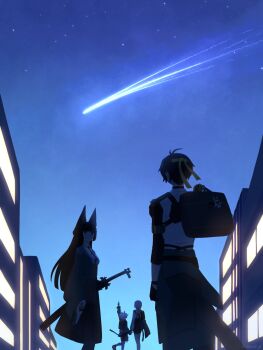 1boy 3girls animal_ear_fluff animal_ears antenna_hair aqua_jacket armor artist_name asaba_harumasa asymmetrical_gloves bag bag_charm black_choker black_gloves black_hair black_necktie black_skirt blue_horns blue_oni blue_skin blue_tail blunt_bangs building charm_(object) choker closed_mouth clothes_around_waist colored_skin commentary english_commentary falling_star feet_out_of_frame fox_ears fox_girl from_behind gloves hair_between_horns headband high-waist_skirt highres holding holding_bag holding_hands horns hoshimi_miyabi jacket katana klaivre_p long_hair looking_at_another mismatched_gloves multicolored_horns multiple_girls necktie night night_sky oni outdoors partially_fingerless_gloves pink_hair pointing red_eyes shirt short_hair shoulder_armor skin-covered_horns skirt sky soukaku_(zenless_zone_zero) standing standing_on_one_leg star_(sky) starry_sky sword tsukishiro_yanagi two-tone_horns two-tone_tail weapon white_hair white_shirt yellow_gloves yellow_headband zenless_zone_zero