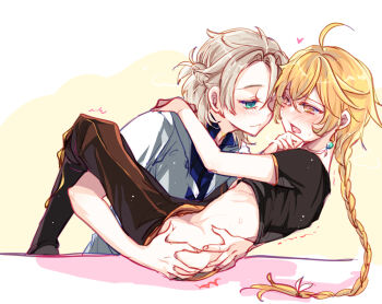 2boys aether_(genshin_impact) ahoge albedo_(genshin_impact) blonde_hair braid braided_ponytail earrings genshin_impact green_eyes imminent_kiss jewelry kkaiju long_hair midriff multiple_boys on_table open_mouth shirt single_earring table undressing_another white_shirt yaoi yellow_eyes