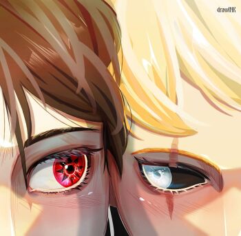1boy 1girl artist_name black_hair black_sclera blonde_hair blush boruto:_two_blue_vortex close-up colored_sclera commentary drawink eye_focus highres jougan mangekyou_sharingan naruto_(series) red_eyes scar scar_across_eye scar_on_face sharingan uchiha_sarada uzumaki_boruto white_eyes