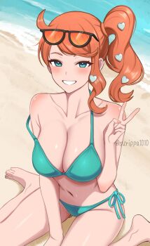 1girl aqua_bikini aqua_eyes barefoot beach bikini blush breasts closed_mouth collarbone commentary_request day eyewear_on_head feet grin hair_ornament heart heart_hair_ornament highres large_breasts navel nintendo ocean orange_hair outdoors pokemon side-tie_bikini_bottom side_ponytail sidelocks sitting smile solo sonia_(pokemon) strap_slip sunglasses surippa1010 swimsuit toes v wariza