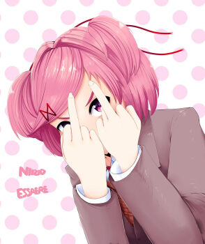 1girl 2018 clothes doki_doki_literature_club english_text highres middle_finger natsuki_(doki_doki_literature_club) niizio pink_eyebrows pink_eyes pink_hair polka_dot polka_dot_background solo