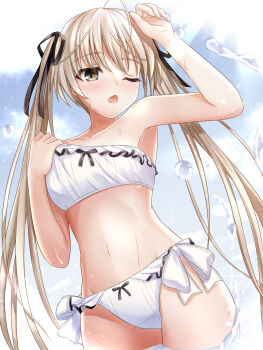 1girl ;o bikini black_ribbon blonde_hair breasts brown_eyes commentary_request cowboy_shot hair_ribbon highres kasugano_sora long_hair navel nyabe one_eye_closed ribbon small_breasts solo strapless strapless_bikini swimsuit twintails water_drop wet white_bikini yosuga_no_sora