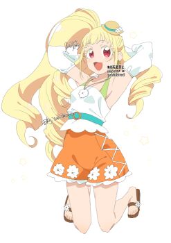 1girl :d arms_up blonde_hair detached_sleeves drill_hair full_body hat jewelry kagayaki_alice kajitani_kou kiratto_pri_chan kneeling long_hair looking_at_viewer mini_hat necklace open_mouth orange_shorts ponytail pretty_series red_eyes sandals shirt shorts side_ponytail simple_background smile solo sun_hat white_background white_shirt