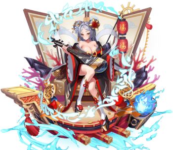 :o bad_id bad_pixiv_id bare_shoulders blush breasts cleavage collarbone double_bun dress flower full_body hair_bun hair_flower hair_intakes hair_ornament instrument japanese_clothes kimono kneehighs large_breasts long_hair looking_at_viewer off_shoulder onedoo original parted_bangs platform_clogs platform_footwear silver_hair socks solo thighs transparent_background tsurime white_socks wide_sleeves yellow_eyes