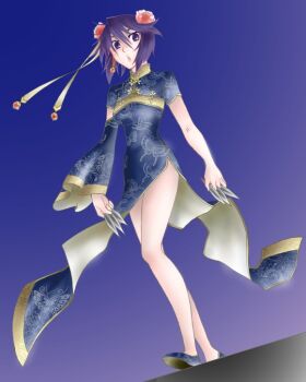 Rule 34 | 1girl, female focus, flower, from below, gradient background, hair flower, hair ornament, legs, naruto (classic), naruto (series), onemu hormone, purple hair, shizune (naruto), short hair, solo, standing, weapon