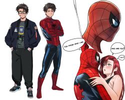1boy 1girl black_hair black_pants blue_eyes blue_jacket bodysuit full_body glasses hands_in_pockets highres jacket marvel mary_jane_watson mugi_(mugit49) pants peter_parker red_bodysuit red_hair short_hair simple_background spider-man spider-man_(series) upper_body white_background
