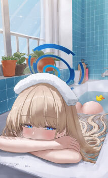1girl absurdres ass bath bathing bathroom bathtub blonde_hair blue_archive blue_eyes blue_halo blush brown_hair butt_crack commentary completely_nude covered_mouth crossed_arms floating_hair hair_between_eyes hair_down hair_spread_out half-closed_eyes halo highres indoors long_hair lying maji_(majidesu3) nude on_stomach partially_submerged relaxing rubber_duck solo tile_wall tiles toki_(blue_archive) towel towel_on_head tsurime very_long_hair wet window