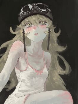 1girl absurdres arms_at_sides aviator_cap aviator_goggles black_background black_helmet blonde_hair blush bow breasts collarbone cowboy_shot dress dress_bow fangs fluffy_hair from_below goggles goggles_on_headwear hair_between_eyes hair_flaps helmet highres knee_blush lips long_hair looking_afar monogatari_(series) oshino_shinobu red_bow red_trim ringed_eyes short_dress shoulder_blush sidelocks sitting small_breasts solo sundress vampire very_long_hair washingmach13 white_dress yellow_eyes