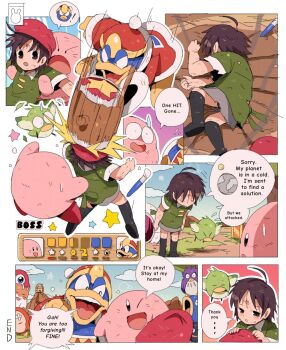 adeleine ahoge apologizing bandage_on_face bandages bendedede beret bird black_footwear boots bowing brown_eyes brown_hair comic coo_(kirby) crater dragon_ball dragonball_z english_text fighting fish green_shirt grey_skirt hammer hamster hat highres hitting holding holding_mallet in_the_face kine_(kirby) king_dedede kirby kirby's_dream_land_3 kirby_(series) kirby_64 mallet meme nintendo owl parody pitch_(kirby) red_headwear restrained rick_(kirby) shirt shiver_star skirt thank_you thigh_boots unworn_hat unworn_headwear waddle_dee waddle_doo yamcha_pose_(meme)