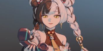 1girl 2bmm2 absurdres aqua_nails bare_shoulders black_hair braid braided_twintails china_dress chinese_clothes closed_mouth collarbone commentary_request corded_phone detached_sleeves dialyn_(zenless_zone_zero) double_bun dress earrings grey_background hair_bun hair_extensions hair_intakes hair_ornament hairclip highres holding holding_phone id_card incoming_gift jewelry long_hair multicolored_hair multicolored_nails necktie panda_hair_ornament phone red_nails ring_hair_extensions smile solo sparkling_eyes split-color_hair upper_body white_hair yellow_eyes yellow_necktie zenless_zone_zero