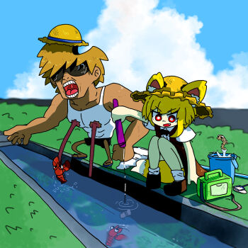 Rule 34 | 1boy, 1girl, absurdres, animal ears, asymmetrical hair, black bow, black bowtie, blonde hair, blue sky, bow, bowtie, brown footwear, bucket, butterfly net, center frills, cloud, cookie (touhou), crayfish, day, ears through headwear, fang, fishing, fox ears, fox girl, fox tail, frills, full body, hand net, hat, highres, insect trap, loose socks, manatsu no yo no inmu, medium hair, miramikaru riran, muimui (4242564muimui), nipples, open mouth, outdoors, red eyes, shirt, shoes, single sidelock, sky, smile, socks, sun hat, sunglasses, tail, takuya (acceed), tank top, white shirt, white socks, white tank top