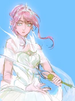 1girl absurdres bare_shoulders blue_background chinese_commentary chunxi_yangquan clothing_cutout collar commentary_request cowboy_shot cross cross_earrings detached_collar dress earrings expressionless eyelashes feather_earrings feathers grey_eyes hair_bun highres holding holding_sword holding_weapon infinity_nikki jewelry lipstick looking_at_viewer makeup melody_bloom_(infinity_nikki) nikki_(nikki) nikki_(series) nostrils parted_lips pink_hair pleated_dress rapier red_lips short_dress short_hair_with_long_locks short_sleeves shoulder_cutout sidelocks simple_background single_hair_bun sketch solo standing sword teeth tiara updo wavy_hair weapon white_arm_warmers white_collar white_dress