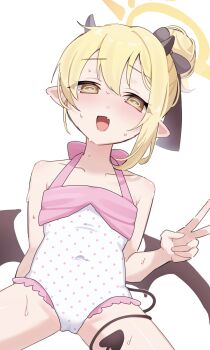 1girl @_@ asymmetrical_hair black_horns black_ribbon black_tail black_wings blonde_hair blue_archive blush casual_one-piece_swimsuit collarbone covered_navel cowboy_shot demon_girl demon_horns demon_tail demon_wings fang flat_chest frilled_one-piece_swimsuit frills hair_bun hair_ribbon halo horns ibuki_(blue_archive) loli looking_at_viewer moe_nayo one-piece_swimsuit open_mouth pointy_ears polka_dot polka_dot_swimsuit ribbon simple_background single_hair_bun skin_fang smile solo sweat swimsuit tail v white_background white_one-piece_swimsuit wings yellow_eyes yellow_halo