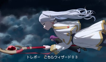 2girls a1_(initial-g) black_coat capelet cloud cloudy_sky coat earrings elf fern_(sousou_no_frieren) flying frieren from_side green_eyes holding holding_staff jewelry long_hair long_sleeves mage_staff multiple_girls pointy_ears purple_hair sky sousou_no_frieren staff translation_request twintails white_capelet white_hair